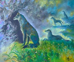 "Les protecteurs", Surréaliste, Loup, Nature, Bleu, Gris, Vert, Peinture à l'huile
