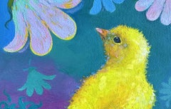 "The Tiny Explorer", Surreal, Bird, Flowers, Yellow, Blue, Purple, Oil Painting