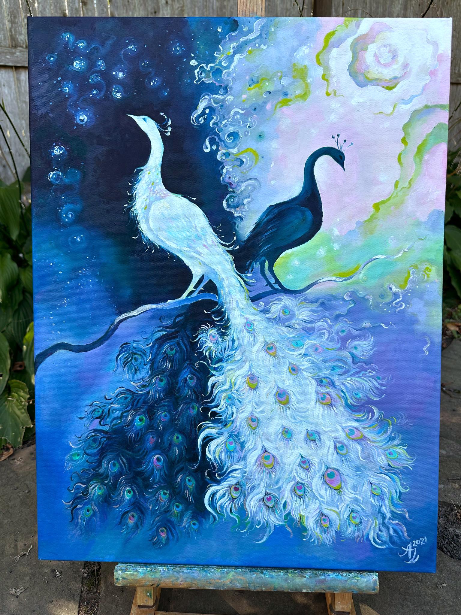 Anita Zotkina’s “Two Sides” is an 18 x 24 x 0.7 inch surreal oil painting on gallery-wrapped canvas. Inspired by thoughts on duality, the composition reflects how light and darkness define one another. The scene features two peacocks - one in light