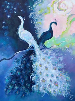 "Two Sides", Surreal, Peacocks, Birds, Cosmic, Blue, White, Oil Painting