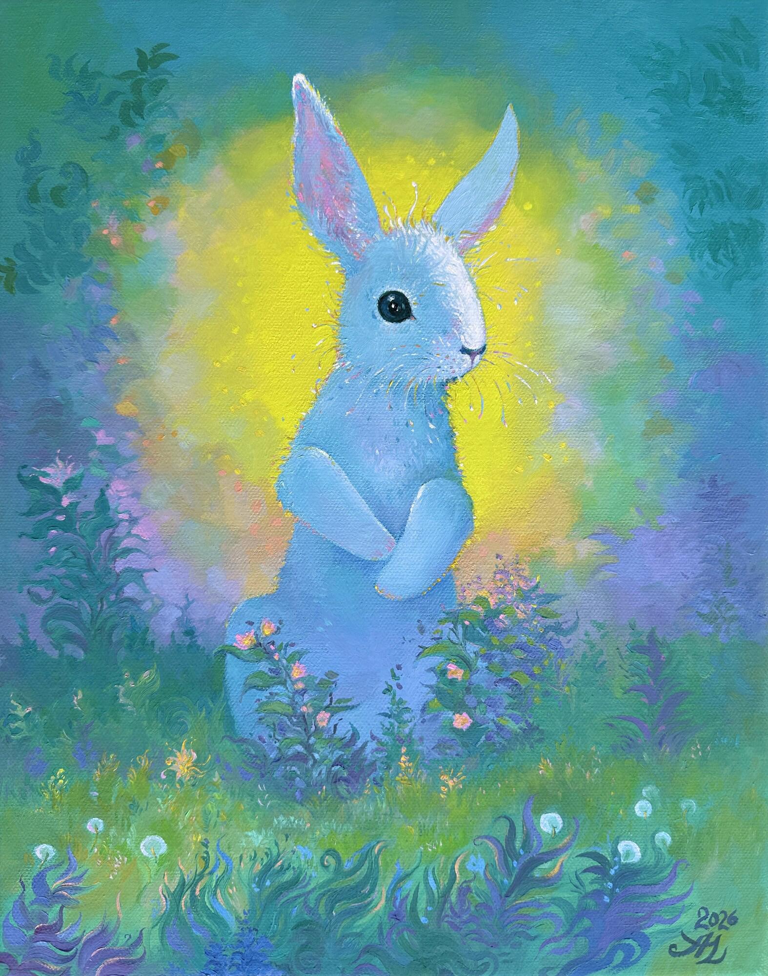"Warm Place", Impressionist, Rabbit, Garden, Blue, Green, Yellow, Oil Painting
