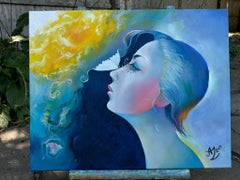 "Woman", Surreal, Portrait, Blue, Pink, Butterfly, Oil Painting