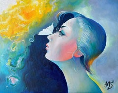 "Frau", Surreal, Porträt, Blau, Rosa, Schmetterling, Ölgemälde