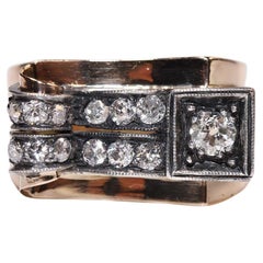 Anitique Cİrca 1900s 14k Gold Natural Diamond Decorated Tank Ring 