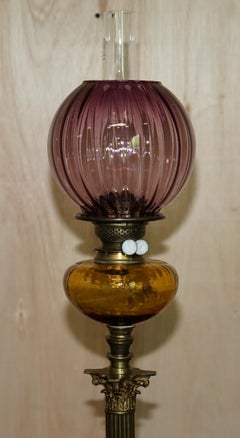 Anitique Corinthian Pillar Base Victorian Oil Lamp Original Amber & Ruby Glass