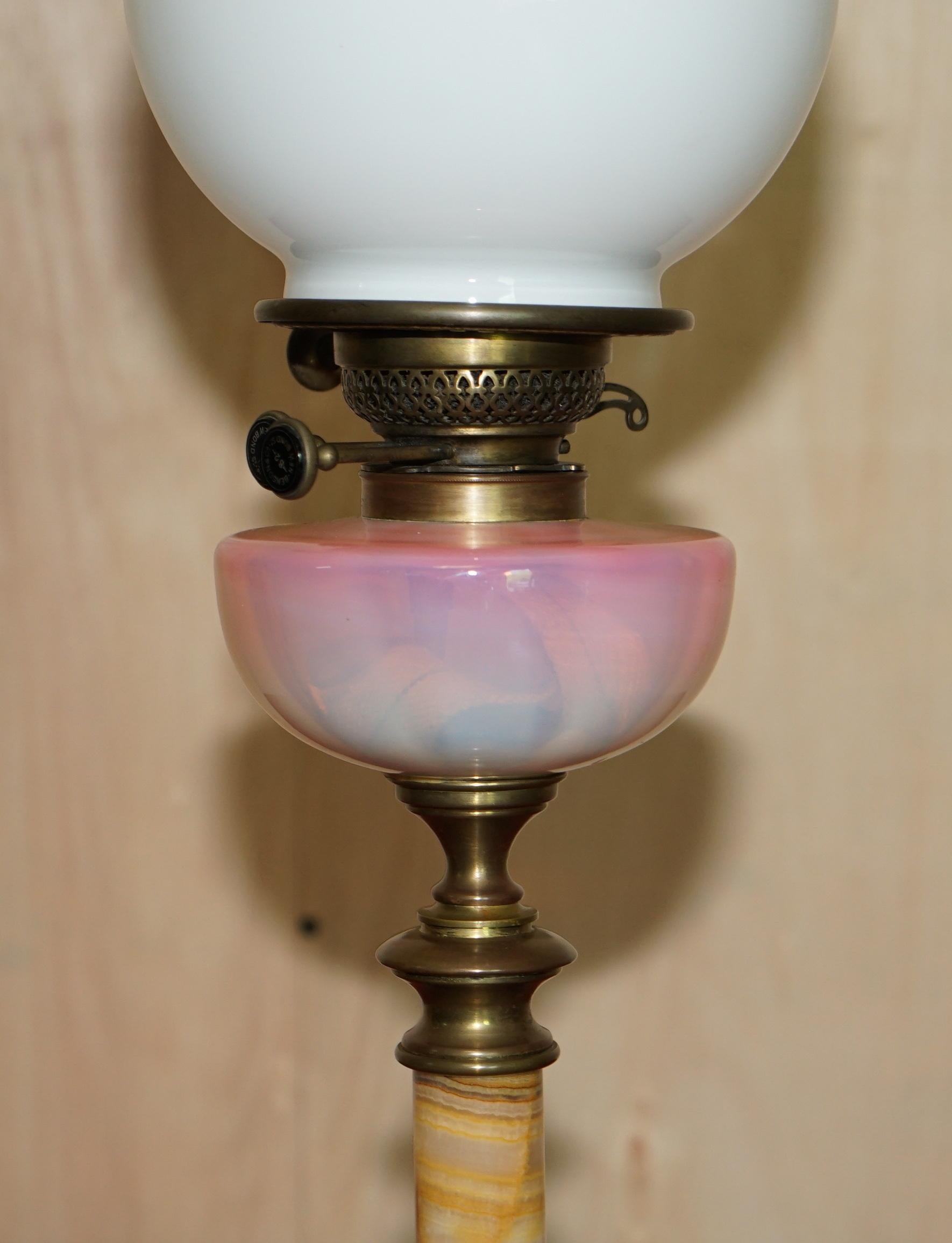 Hand-Crafted Anitique Onyx Base Victorian Oil Lamp Original Pearl Glass Finish Oil Dome For Sale