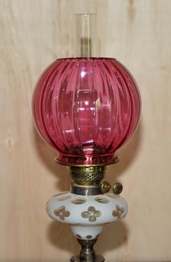 Anitique Repousse Brass Victorian Oil Lamp Original Etched Glass & Ruby Shade