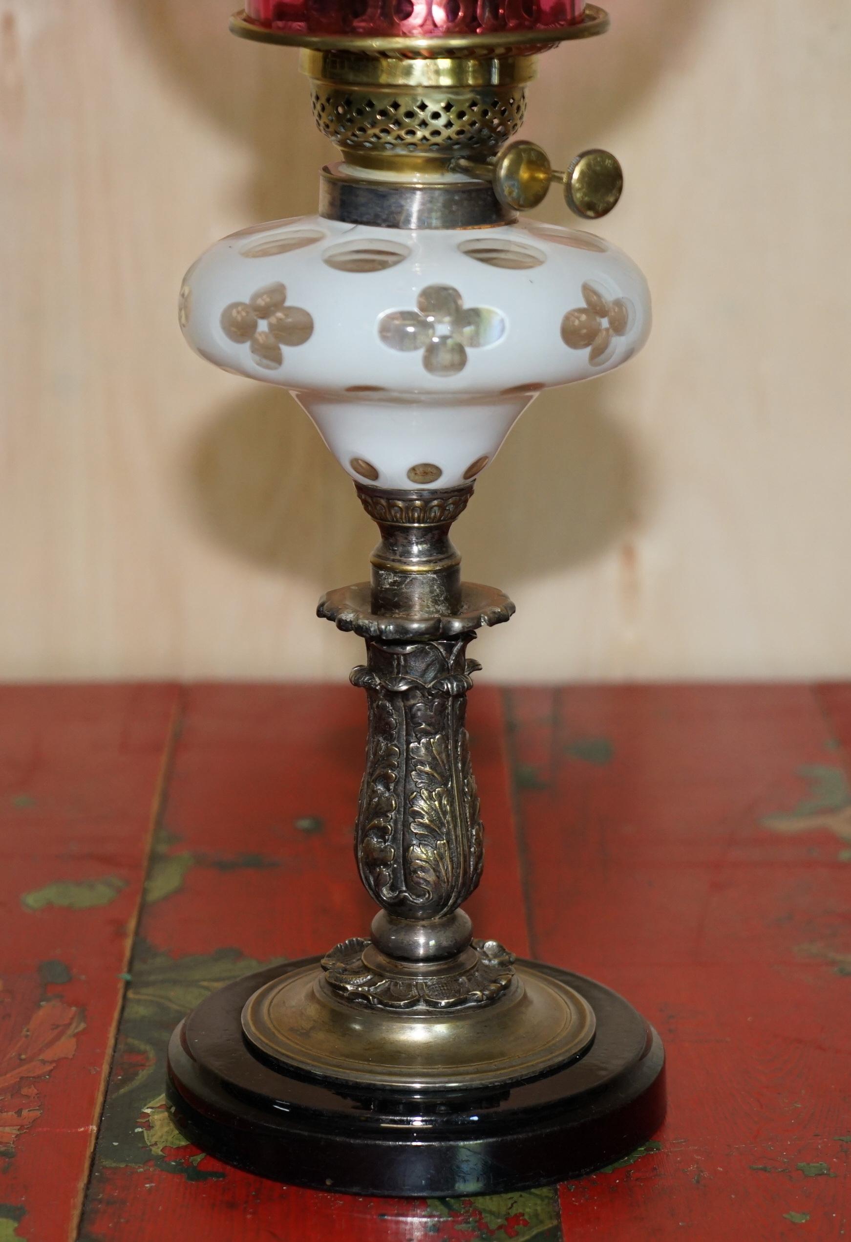 European Anitique Repousse Brass Victorian Oil Lamp Original Etched Glass & Ruby Shade