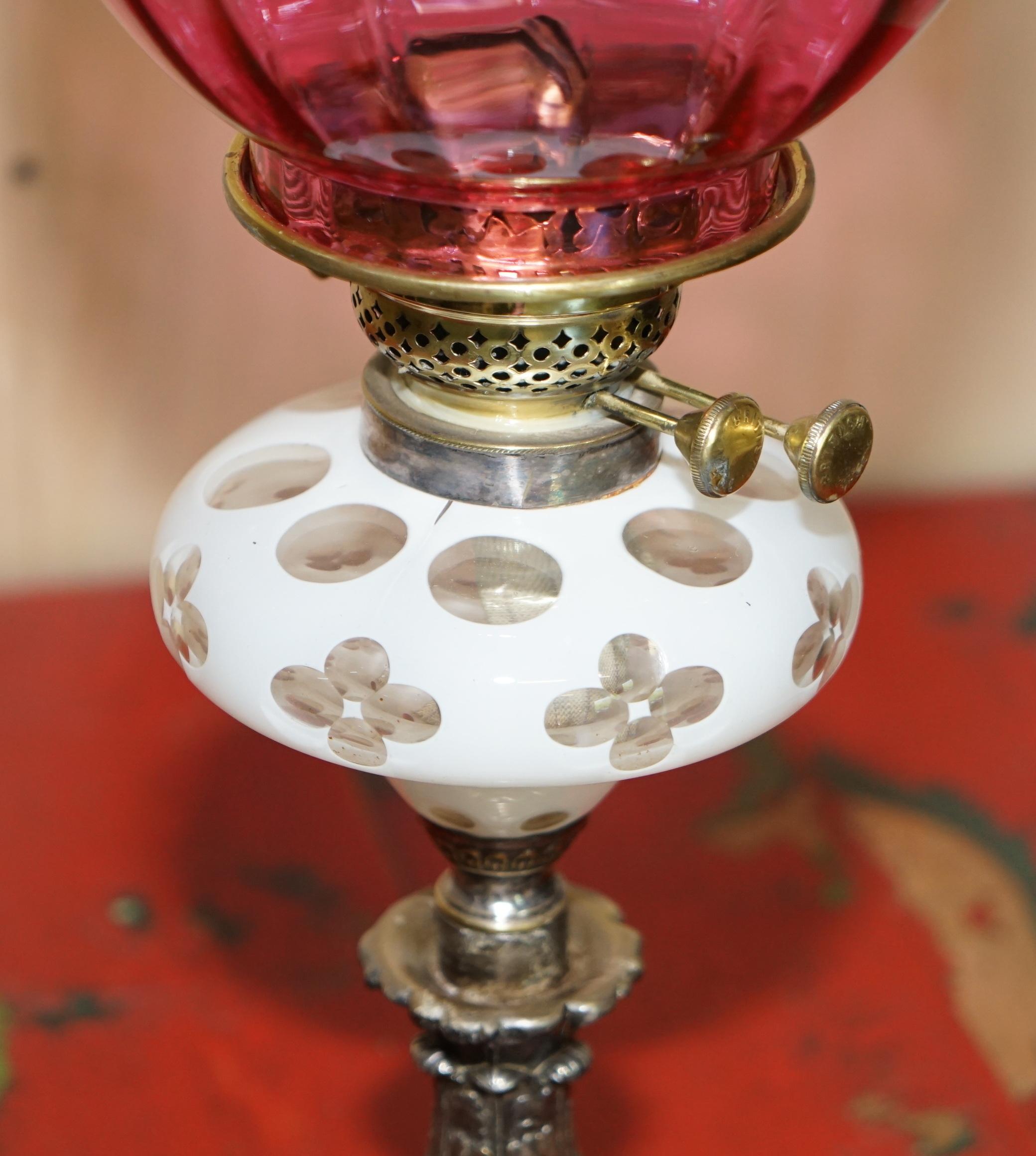 Hand-Crafted Anitique Repousse Brass Victorian Oil Lamp Original Etched Glass & Ruby Shade