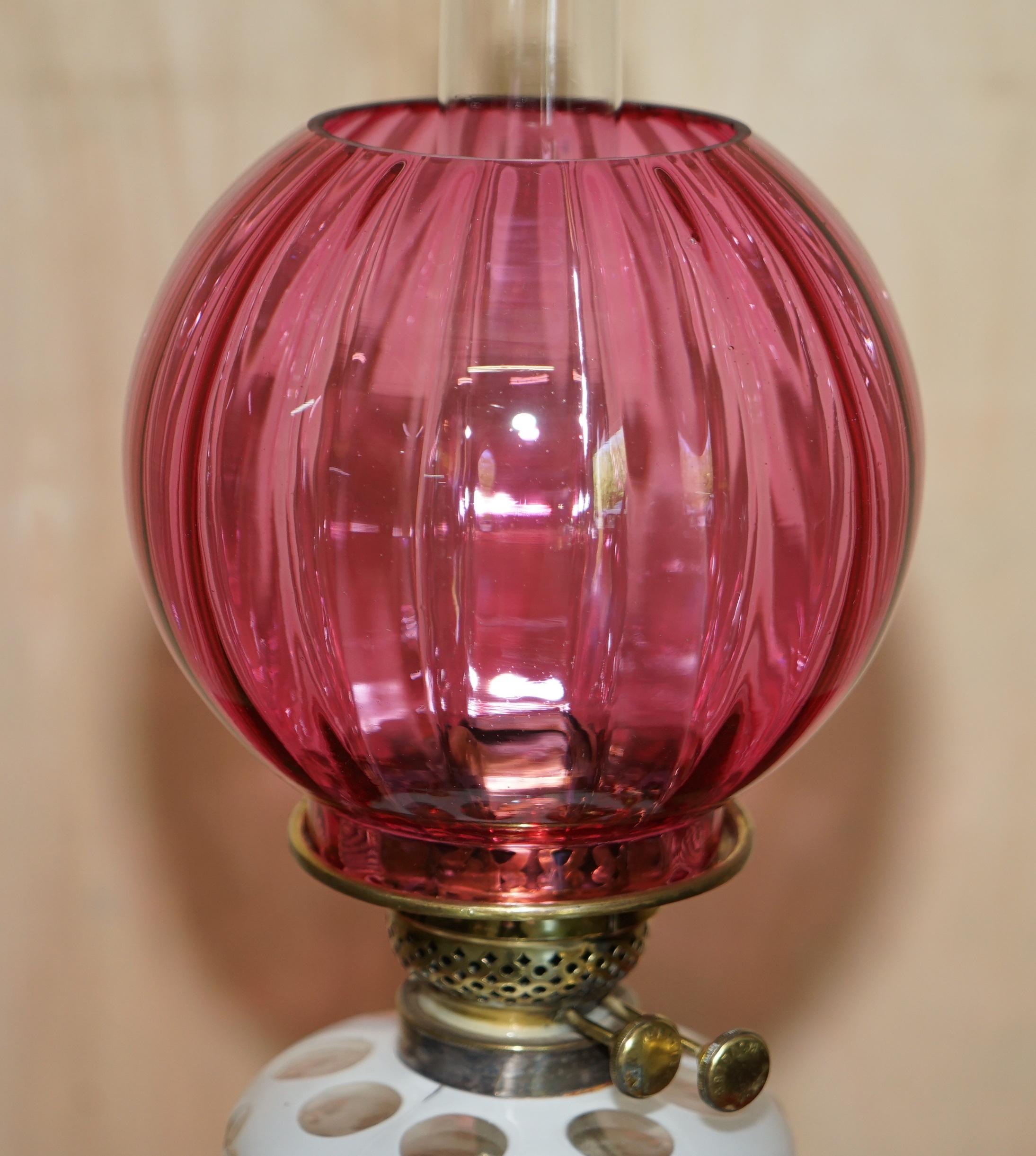 Anitique Repousse Brass Victorian Oil Lamp Original Etched Glass & Ruby Shade 3