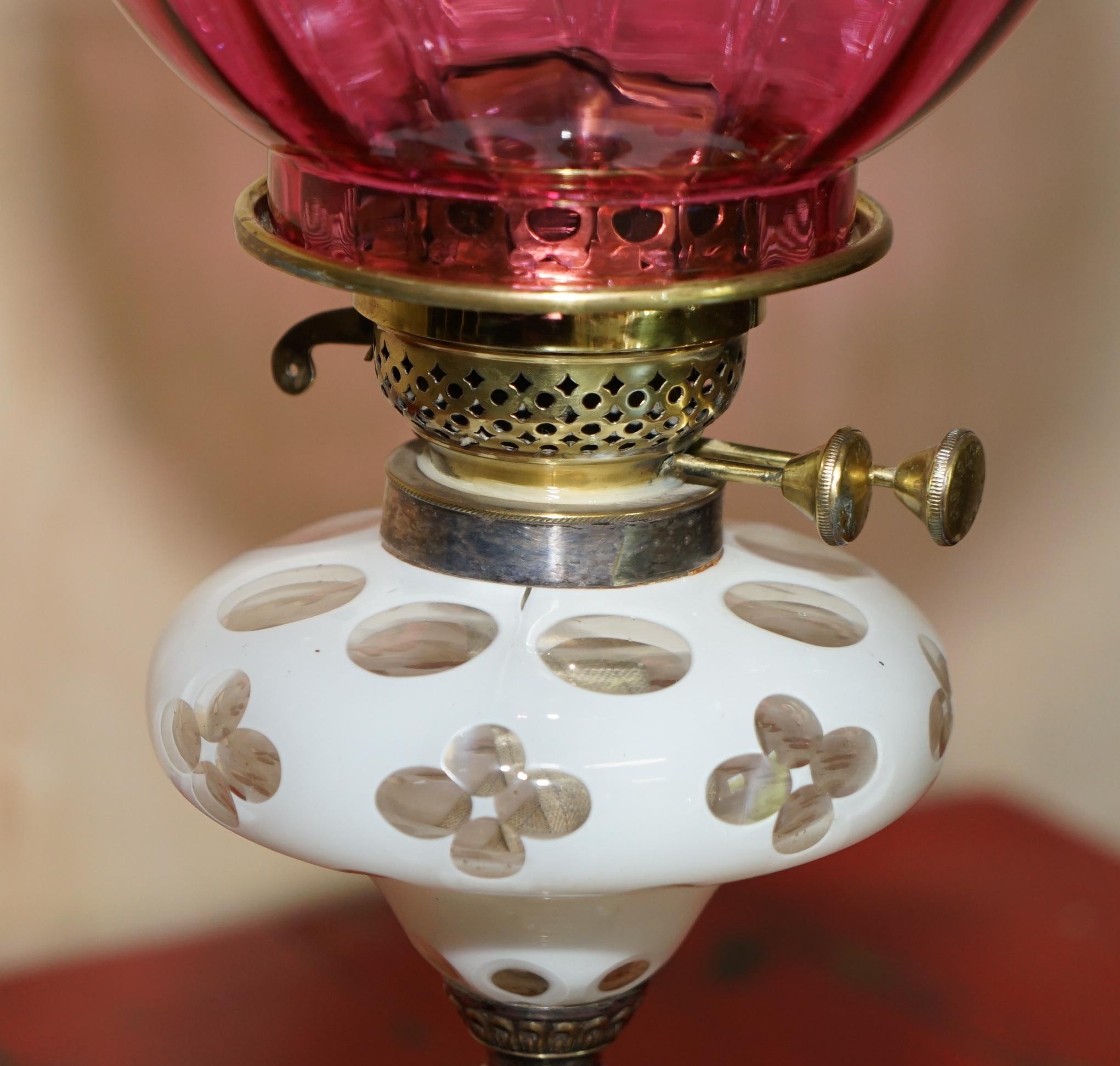 Anitique Repousse Brass Victorian Oil Lamp Original Etched Glass & Ruby Shade 4