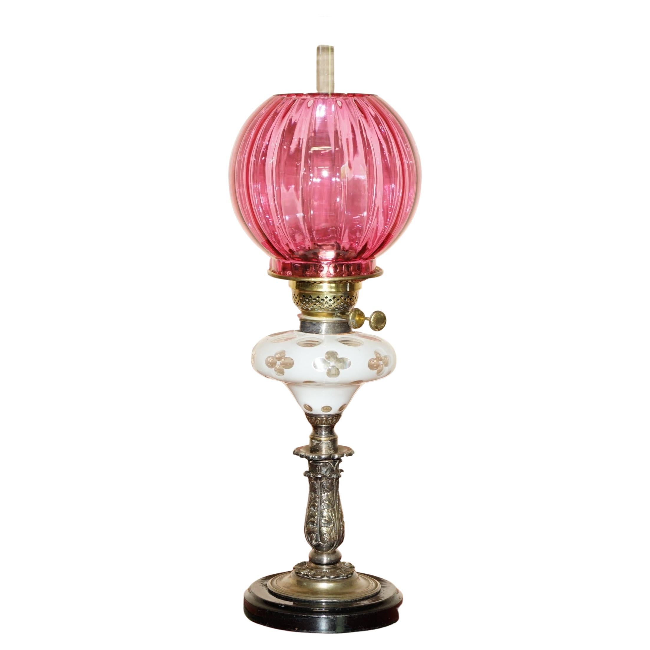 Anitique Repousse Brass Victorian Oil Lamp Original Etched Glass & Ruby Shade