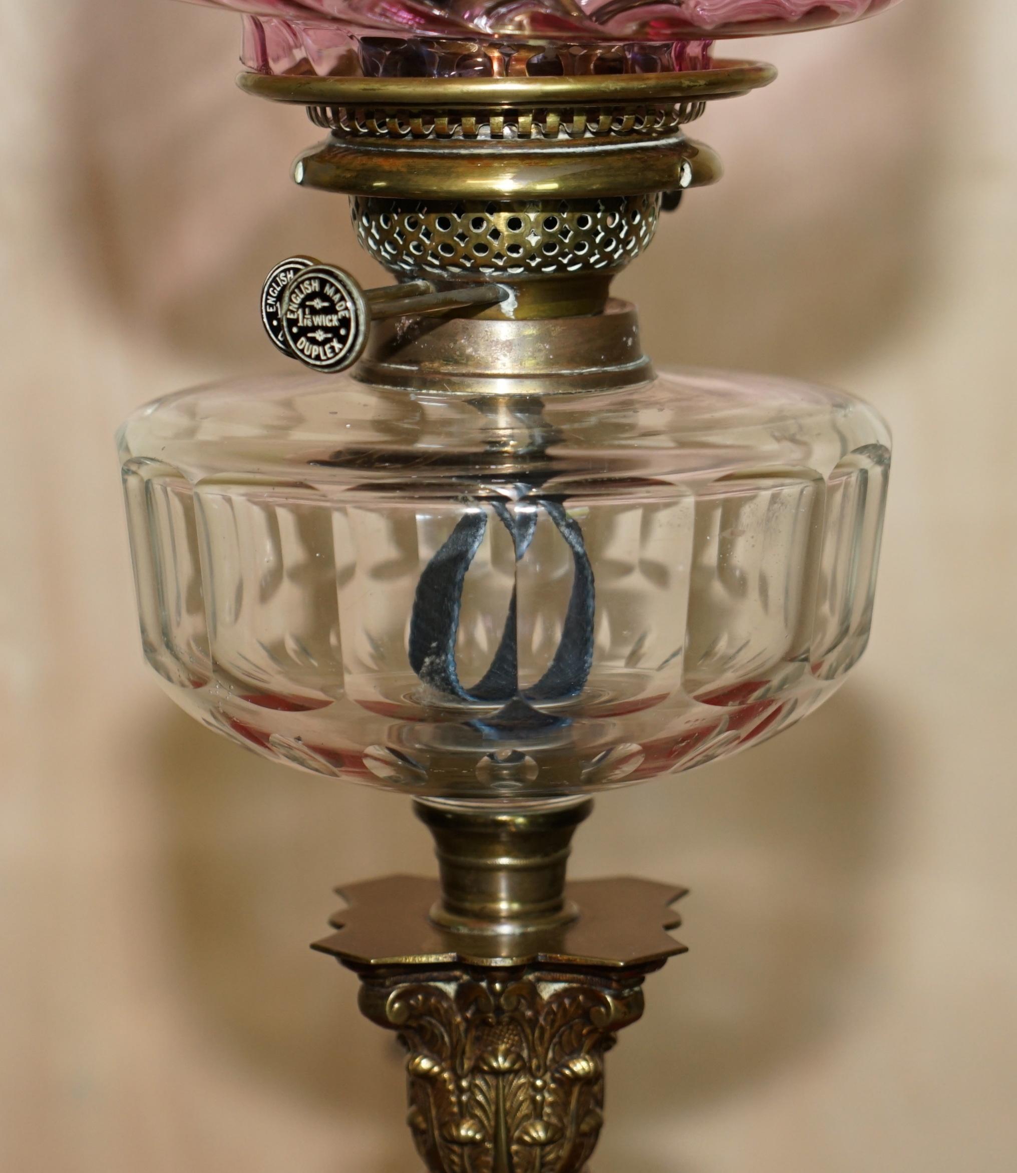 Hand-Crafted Anitique Spiral Corinthian Pillar Base Victorian Oil Lamp Original Ruby Glass For Sale