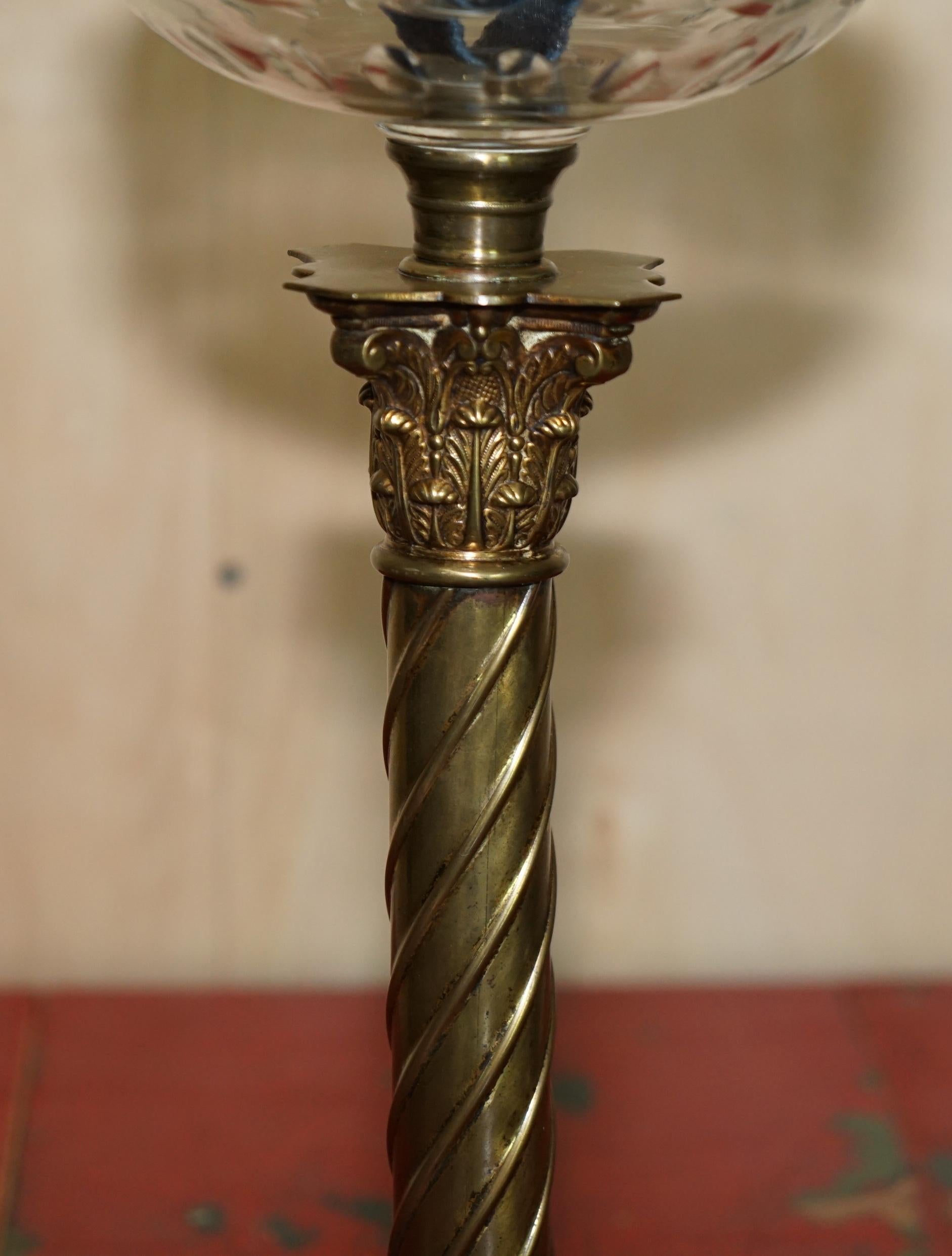 Brass Anitique Spiral Corinthian Pillar Base Victorian Oil Lamp Original Ruby Glass For Sale