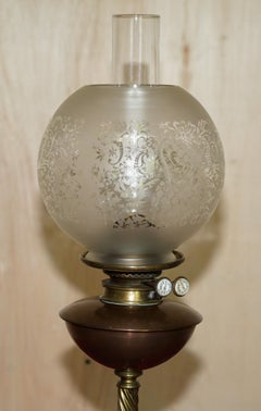 Anitique Spiral Pillar Base Victorian Oil Lamp Original Italian Etched Glass