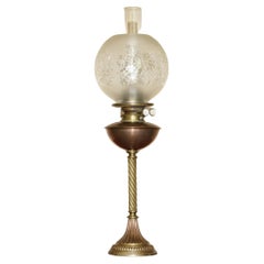 Anitique viktorianische Öllampe mit spiralförmigem Säulensockel, Original italienisches geätztes Glas, Original