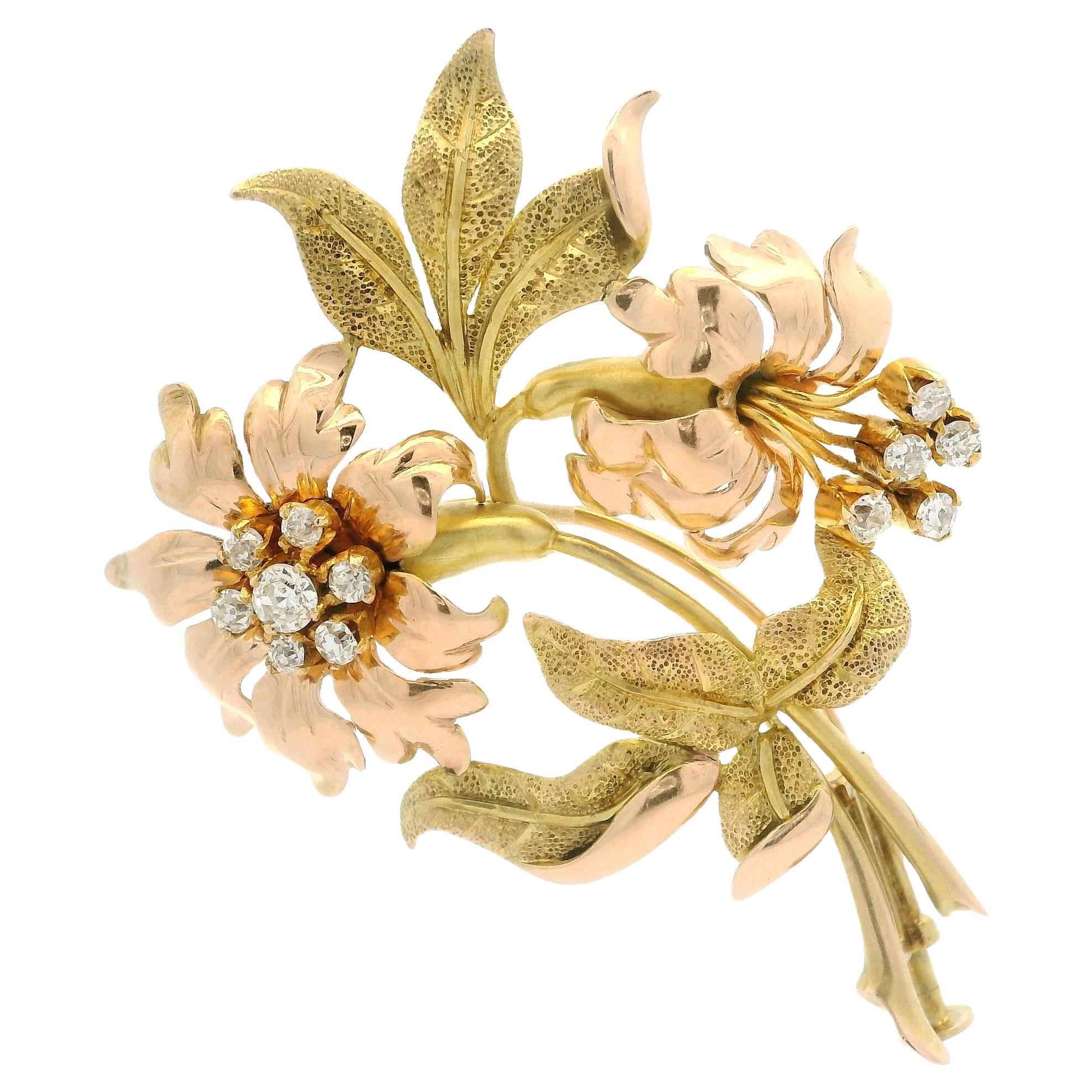 Anitque Art Nouveau de oro rosa y verde de 14 quilates Broche de hoja de flor con textura de diamantes