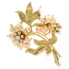 Anitque Art Nouveau de oro rosa y verde de 14 quilates Broche de hoja de flor con textura de diamantes