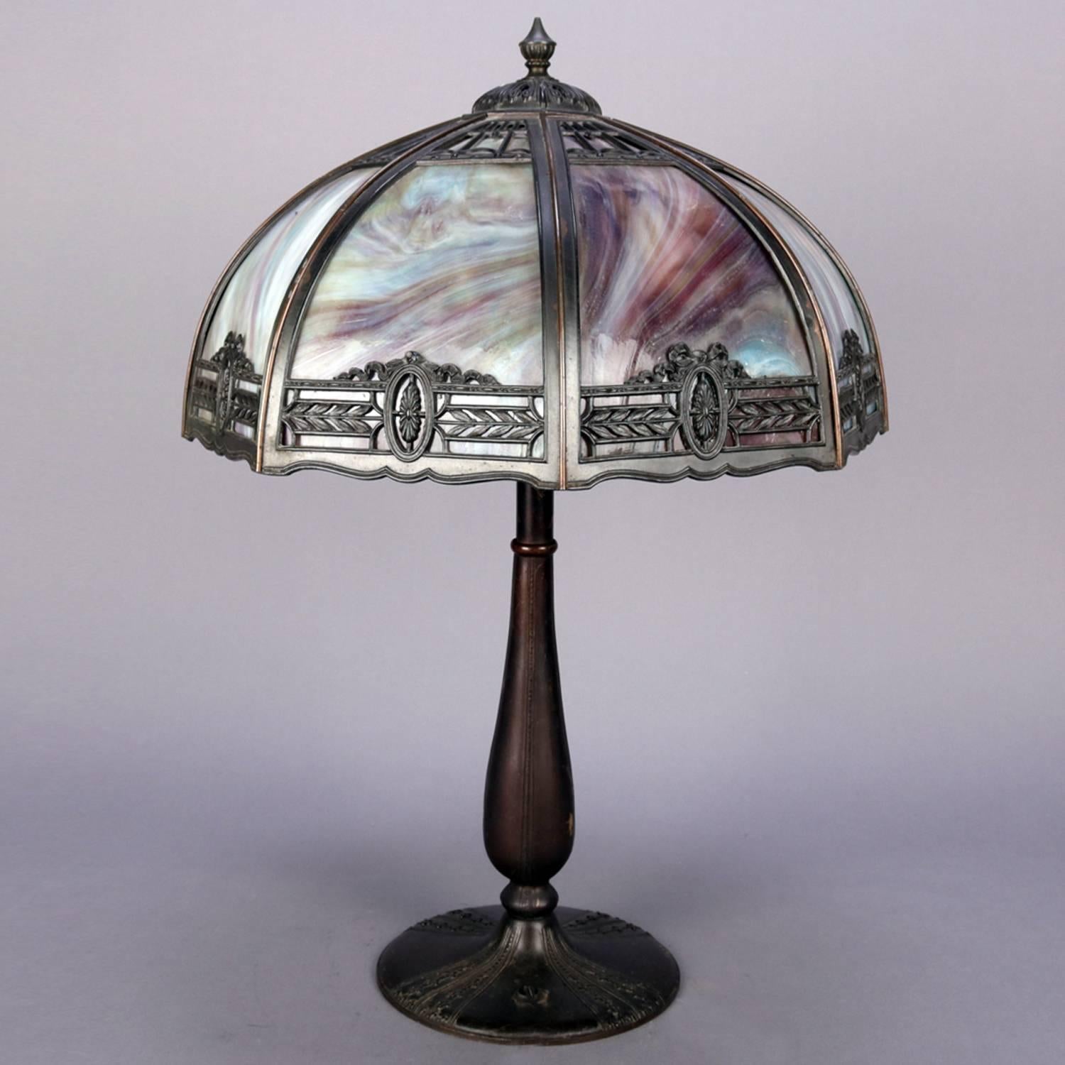 Arts and Crafts Anitque Arts & Crafts Bradley & Hubbard School Slag Glass Table Lamp, c1920