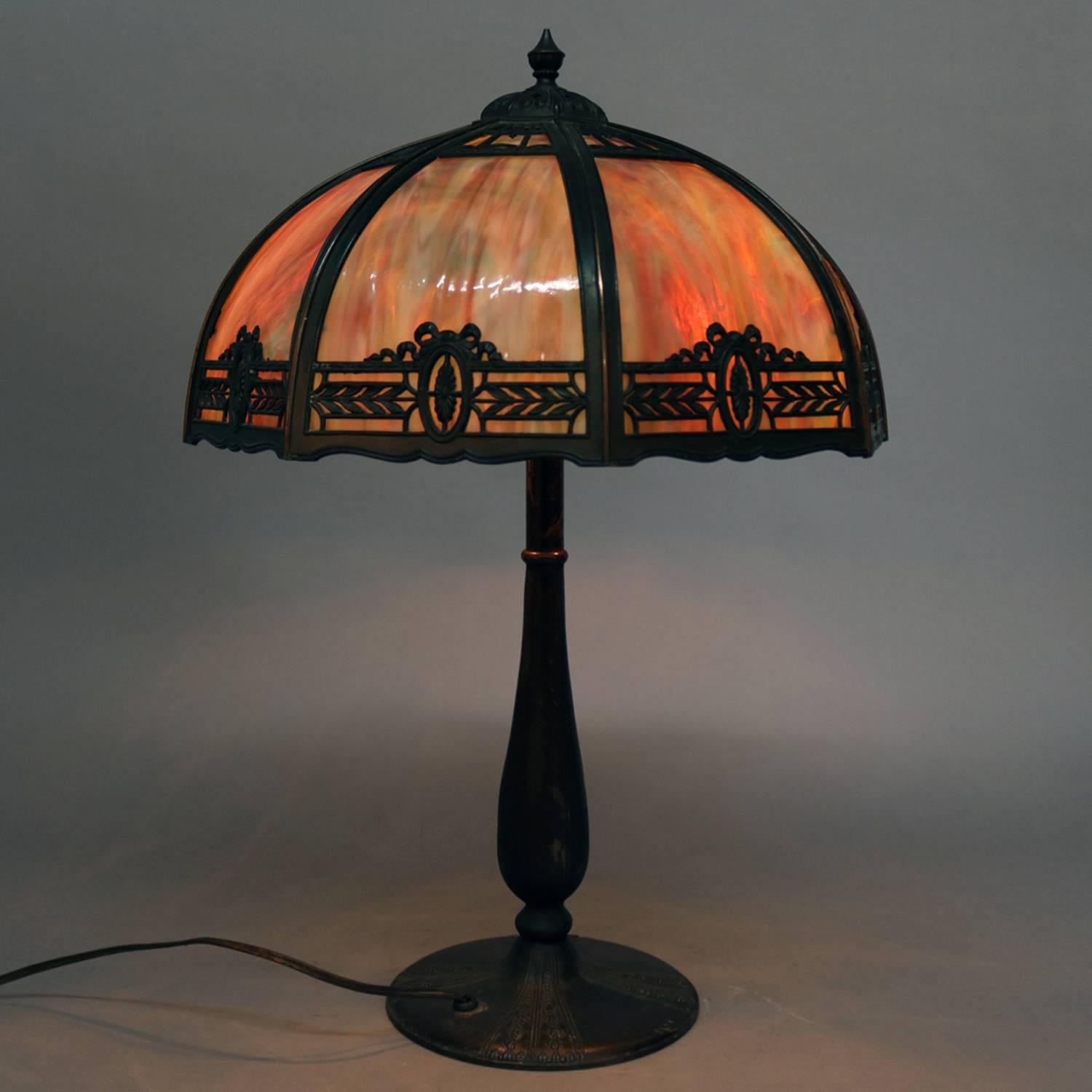 American Anitque Arts & Crafts Bradley & Hubbard School Slag Glass Table Lamp, c1920