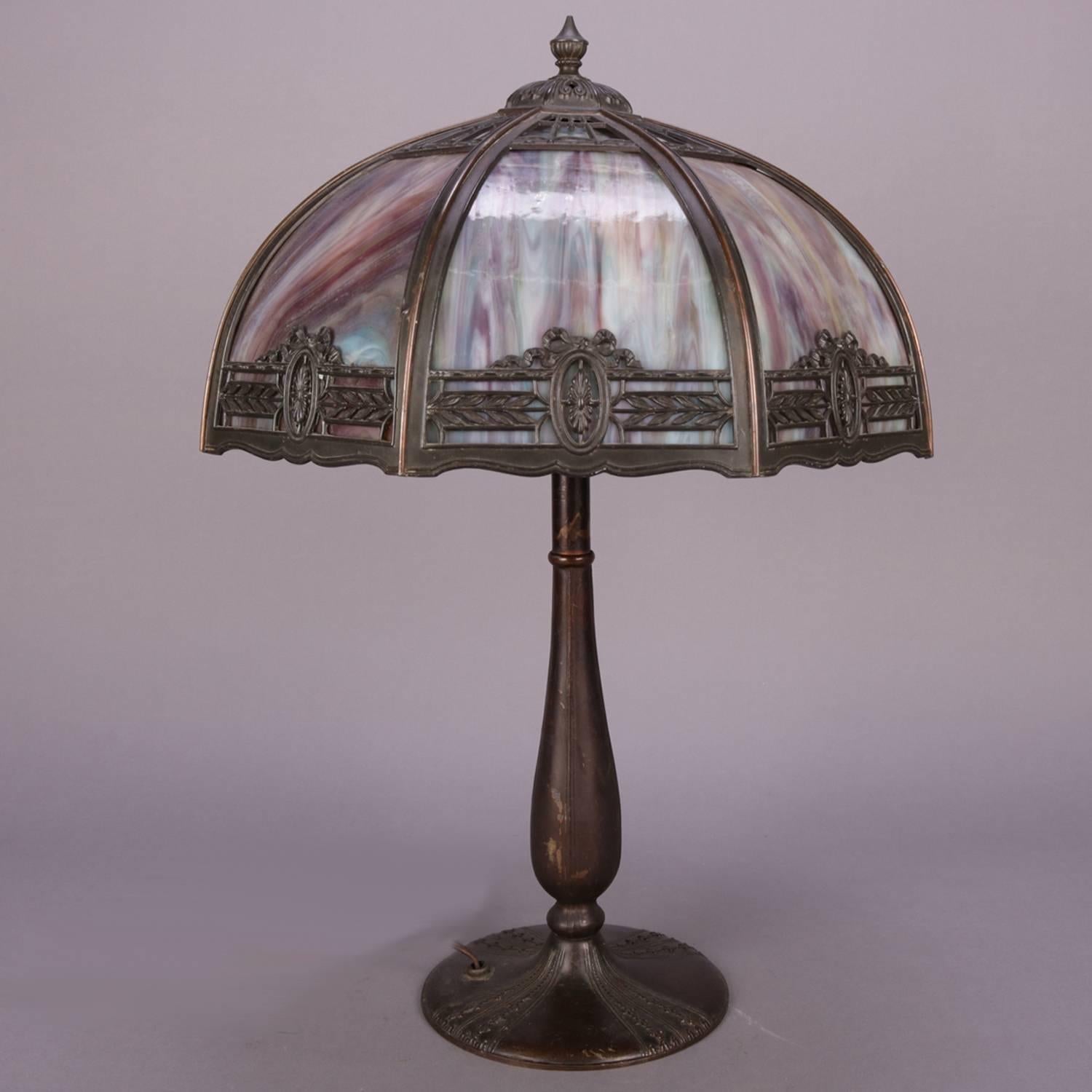 Cast Anitque Arts & Crafts Bradley & Hubbard School Slag Glass Table Lamp, c1920