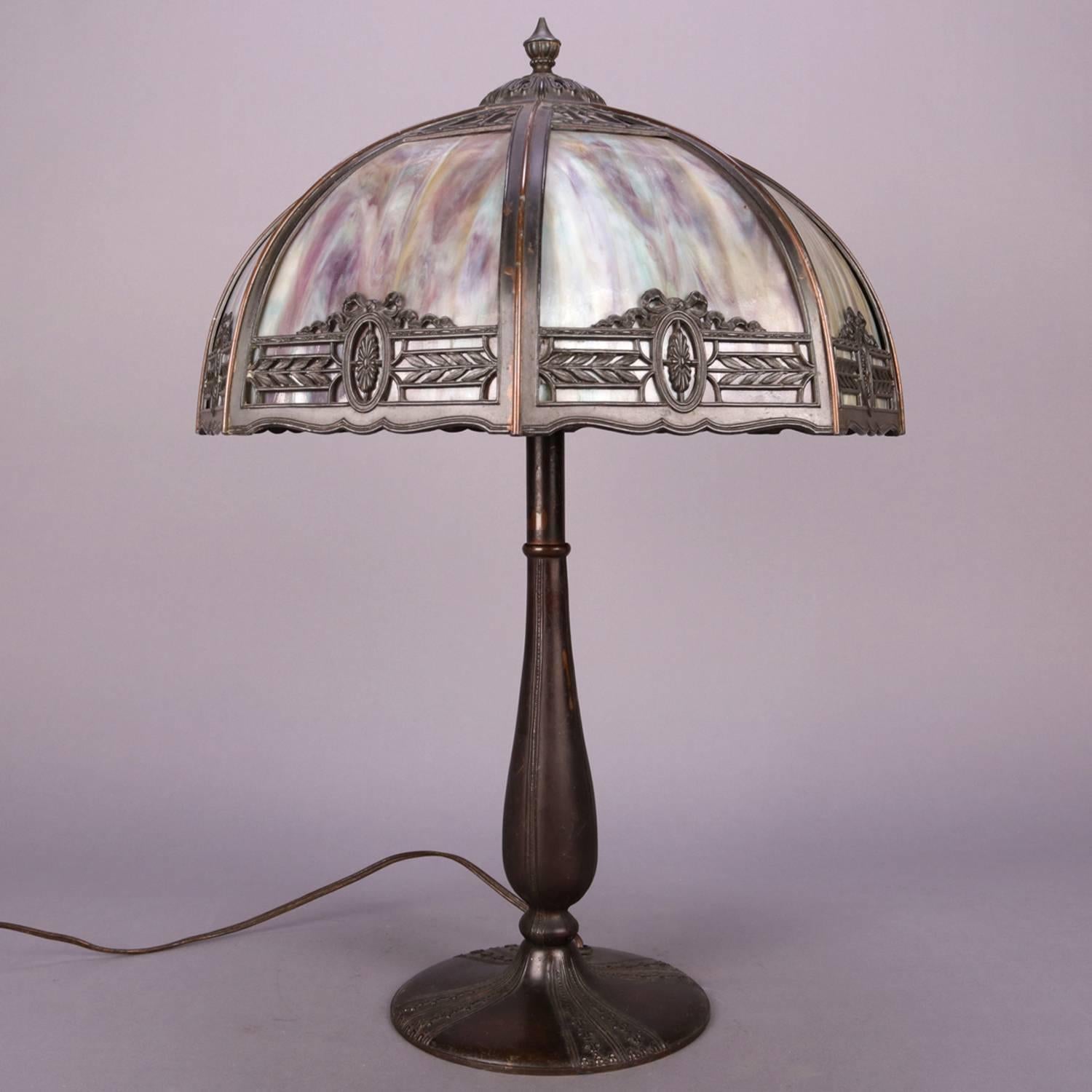 Anitque Arts & Crafts Bradley & Hubbard School Slag Glass Table Lamp, c1920 In Good Condition In Big Flats, NY