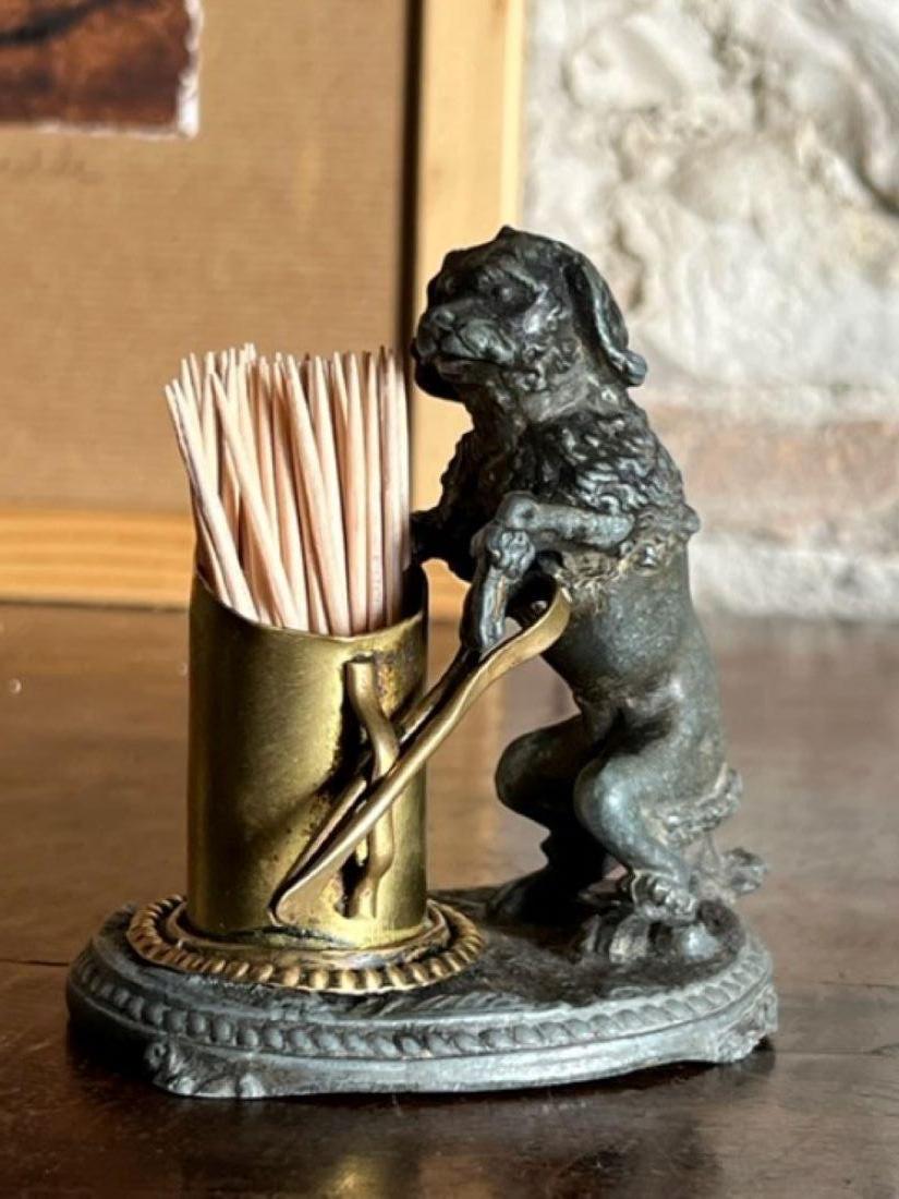 Antique French match strike/ match or toothpick holder. Cast metal with a brass bucket and bass tongs.