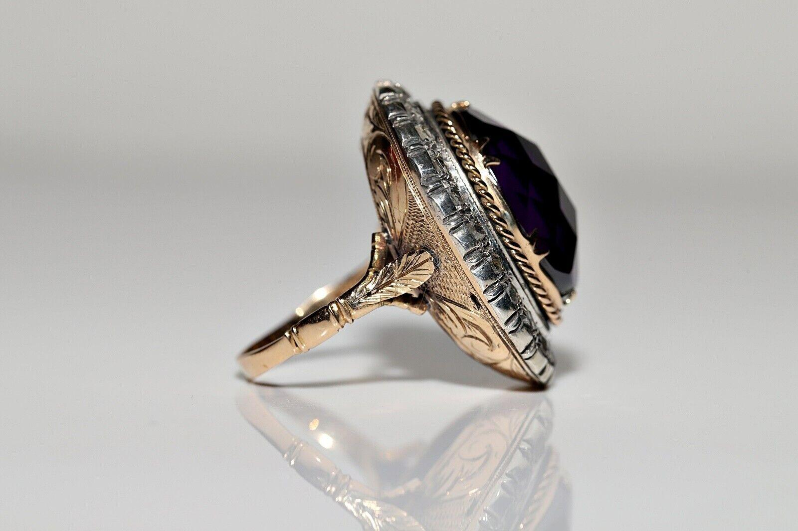 Anitque Circa 1900s 18k Gold Top Silver Natural Rose Cut Diamond Amethyst Ring For Sale 9