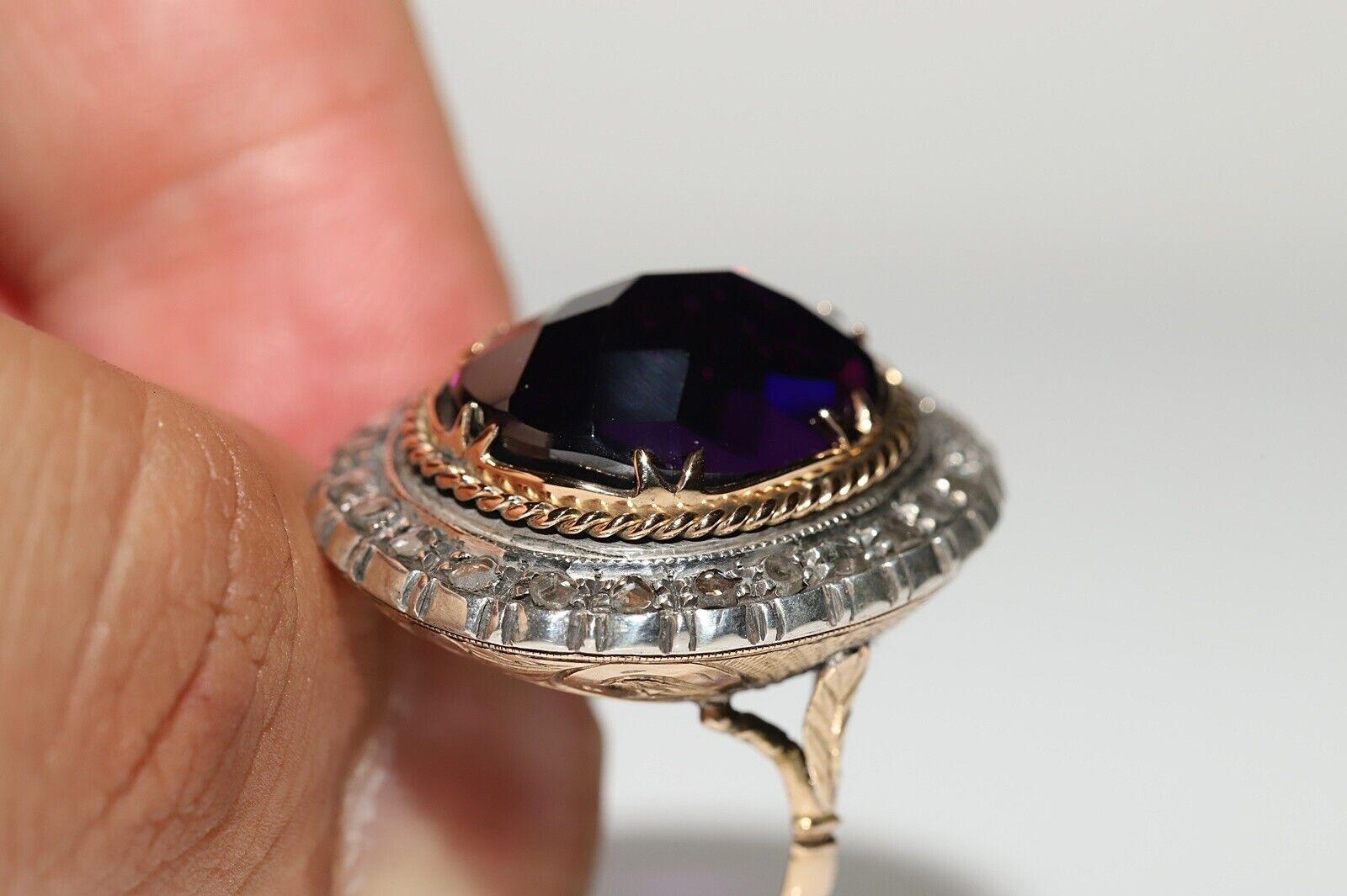 Anitque Circa 1900s 18k Gold Top Silver Natural Rose Cut Diamond Amethyst Ring For Sale 1