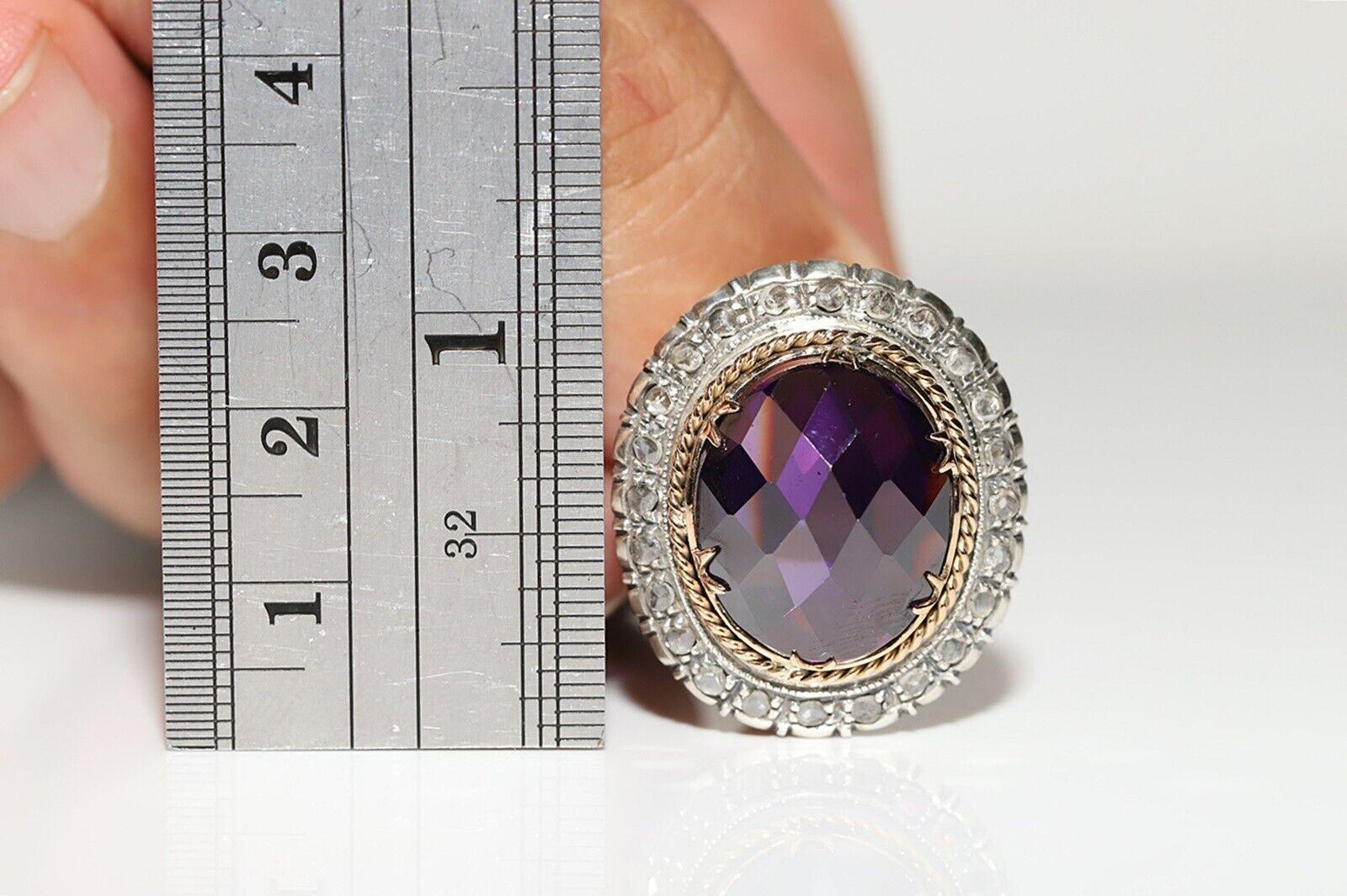 Anitque Circa 1900s 18k Gold Top Silver Natural Rose Cut Diamond Amethyst Ring For Sale 4