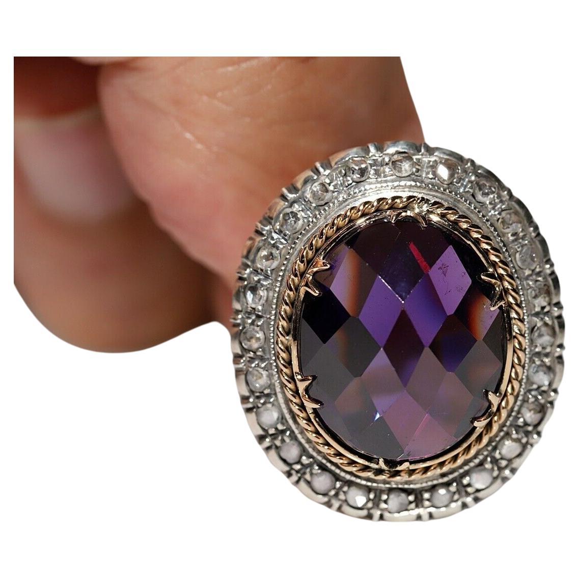 Anitque Circa 1900s 18k Gold Top Silver Natural Rose Cut Diamond Amethyst Ring For Sale