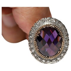 Anitque Circa 1900s 18k Gold Top Silver Natural Rose Cut Diamond Amethyst Ring