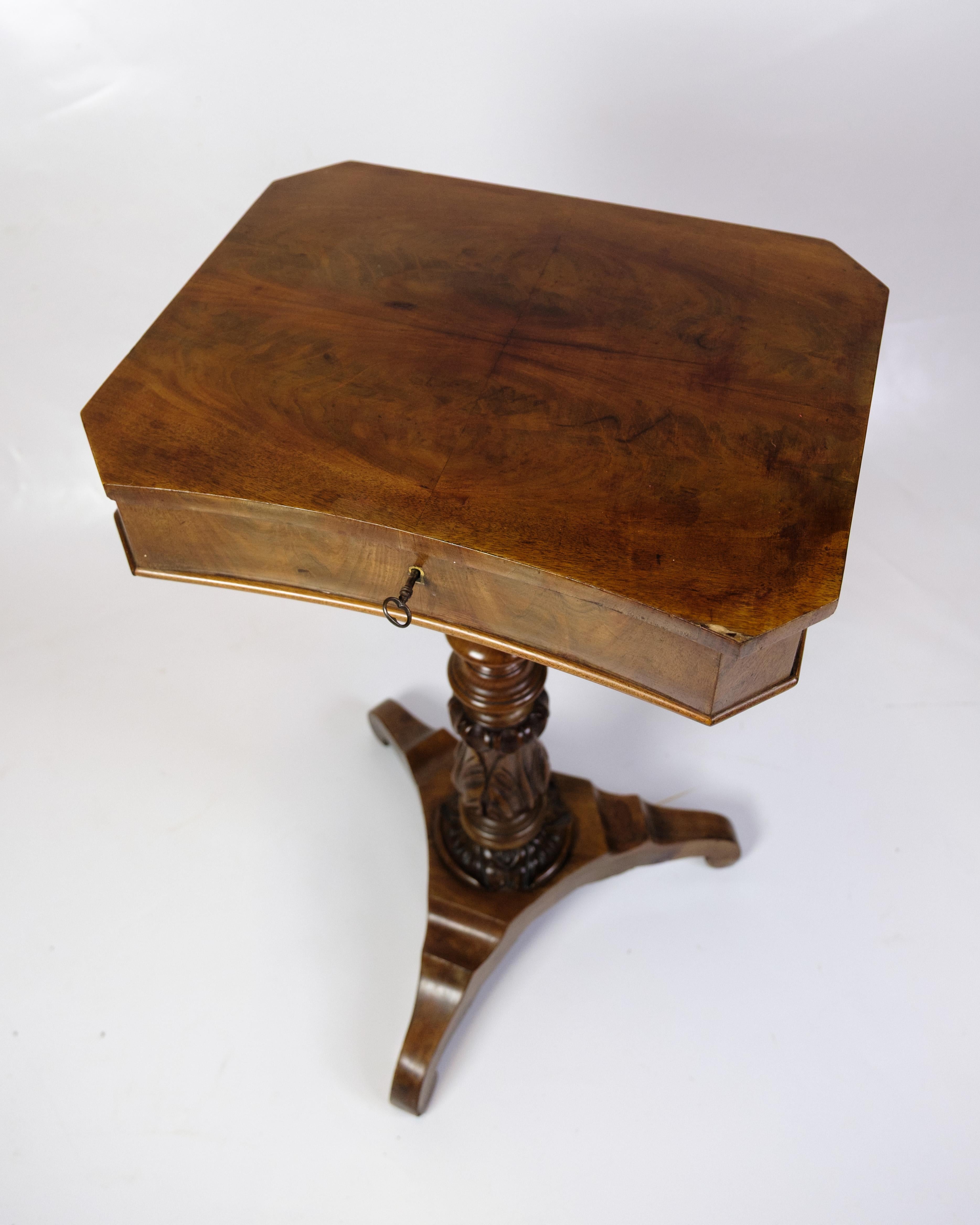 Antique side table with storage, mounted on a column. Made of mahogany and manufactured around the 1890s.

Dimensions: H:75cm W:47.5cm D:37.5cm