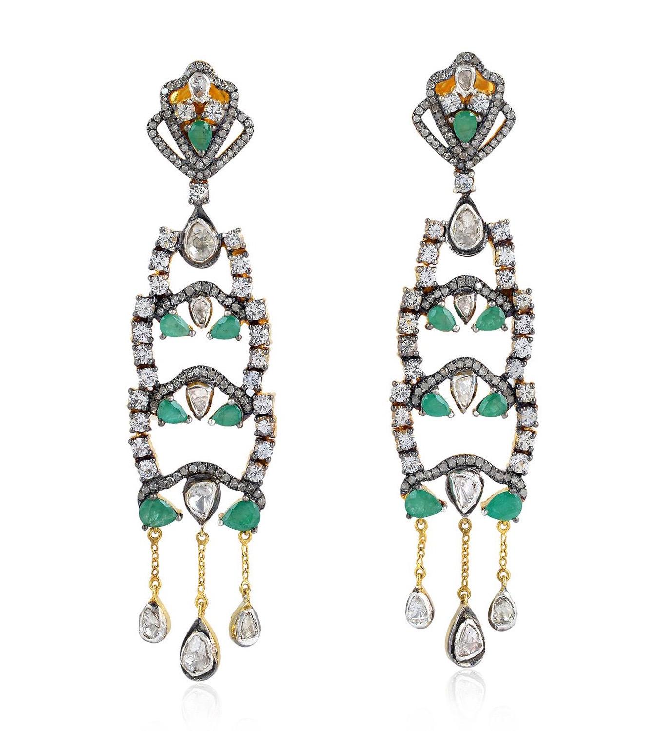 Rose Cut Antique Style Emerald Diamond Sapphire Earrings For Sale