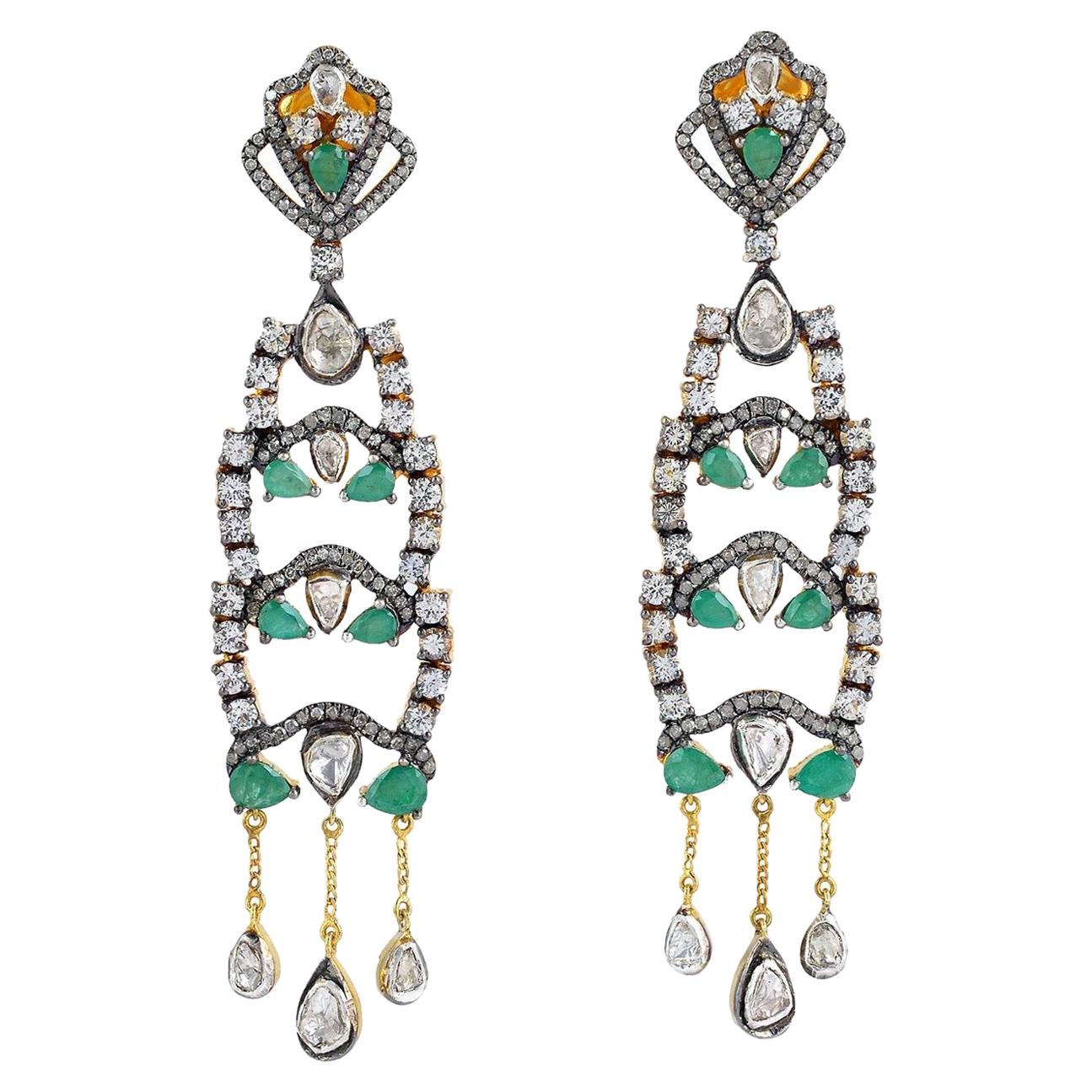Antique Style Emerald Diamond Sapphire Earrings