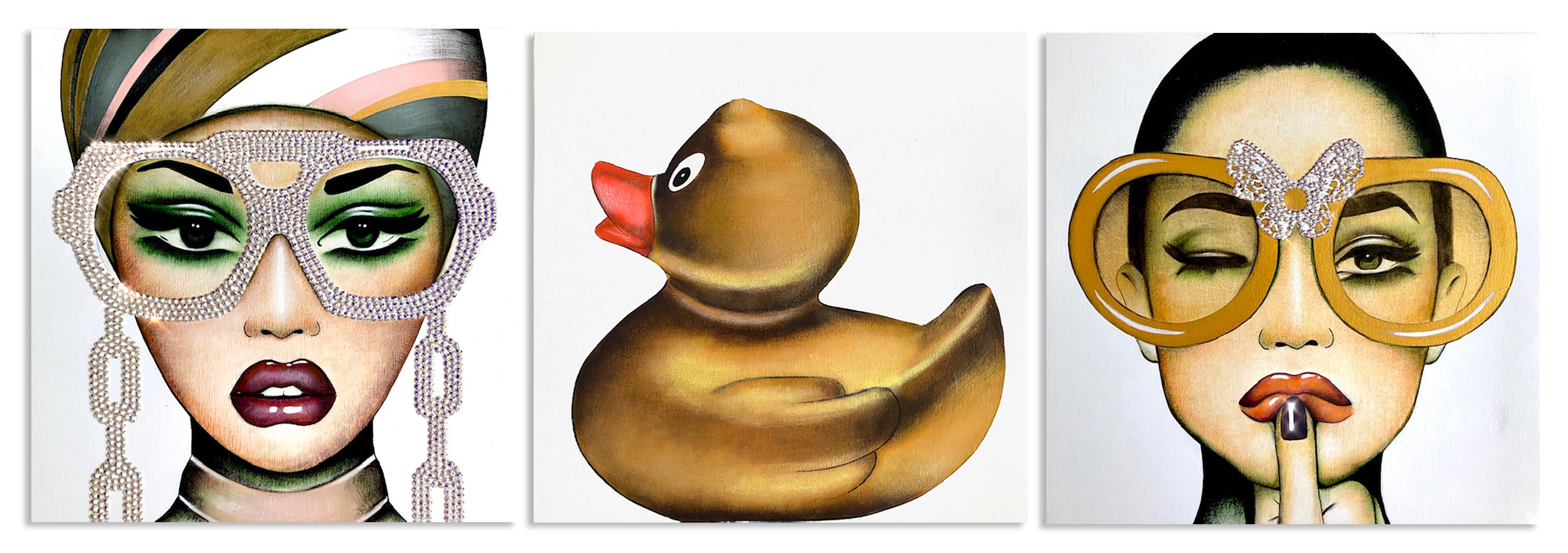Anja Van Herle_12x12 Triptychon_Acryl/Swarovski Kristalle auf Tafel_Figurative im Angebot 2