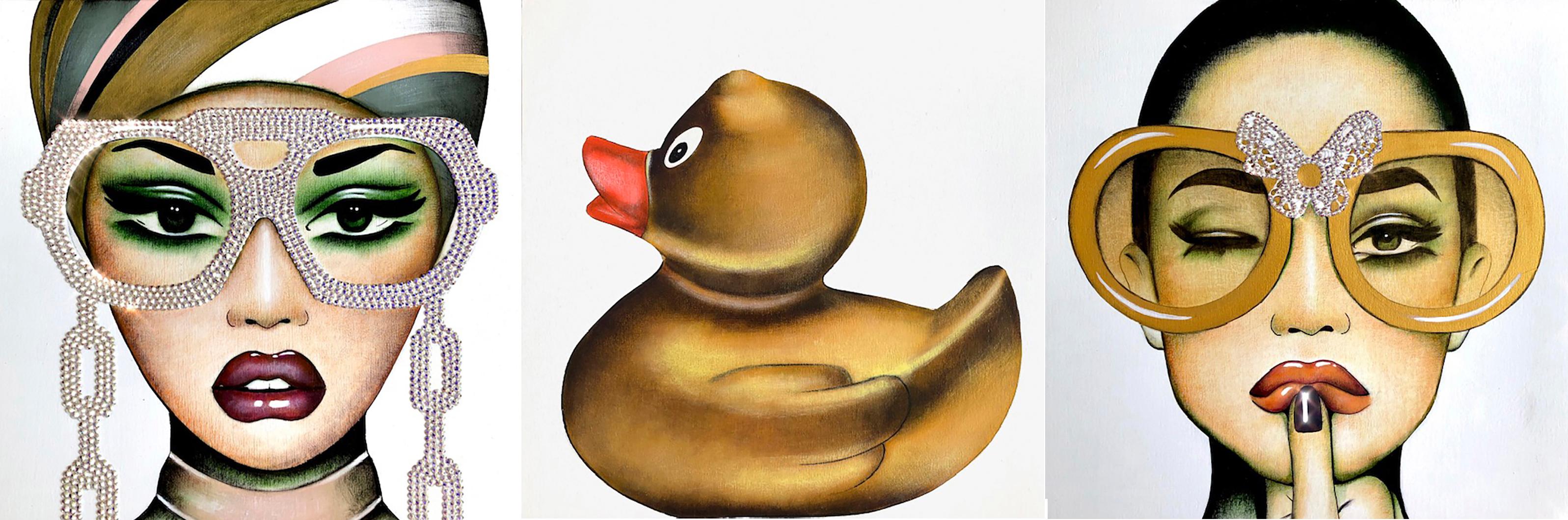 Anja Van Herle_12x12 Trittico_Acrilico/Cristalli Swarovski su pannello_Figurativo in vendita 3