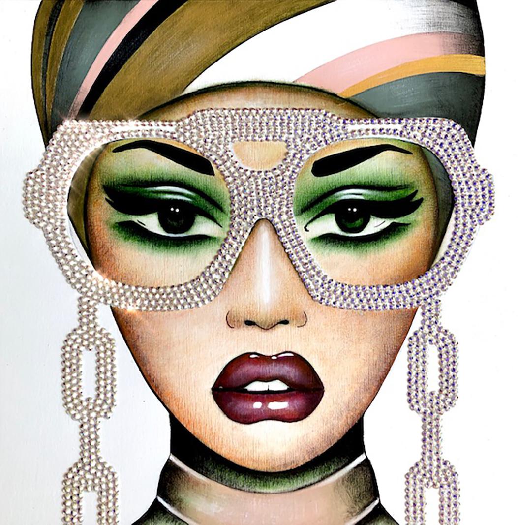 Anja Van Herle_12x12 Trittico_Acrilico/Cristalli Swarovski su pannello_Figurativo in vendita 2