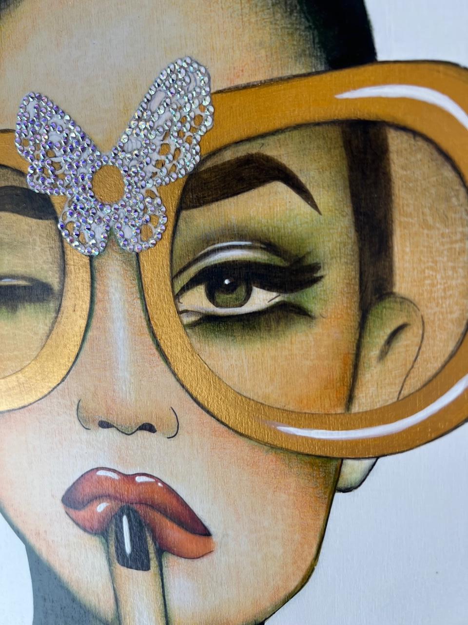 Boutons de boutonnage papillon_Anja Van Herle_Clartés acryliques/swarovski sur panneau_Figuratif en vente 3