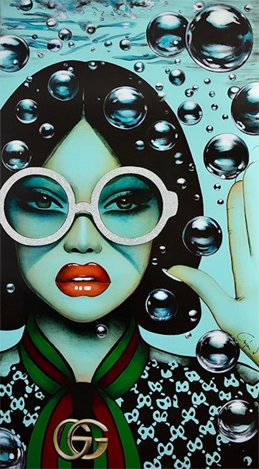 Female Portrait, Water, Sunglasses, Pop, Bubbly Blue by Anja Van Herle