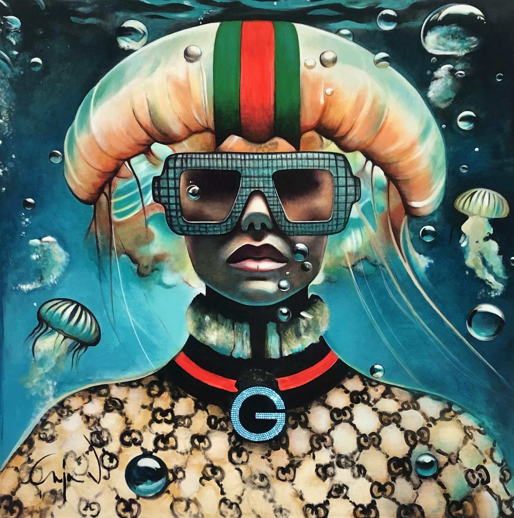 Figurative, Portrait, Sunglasses, Pop, Water, Jellyfish Wish by Anja Van Herle