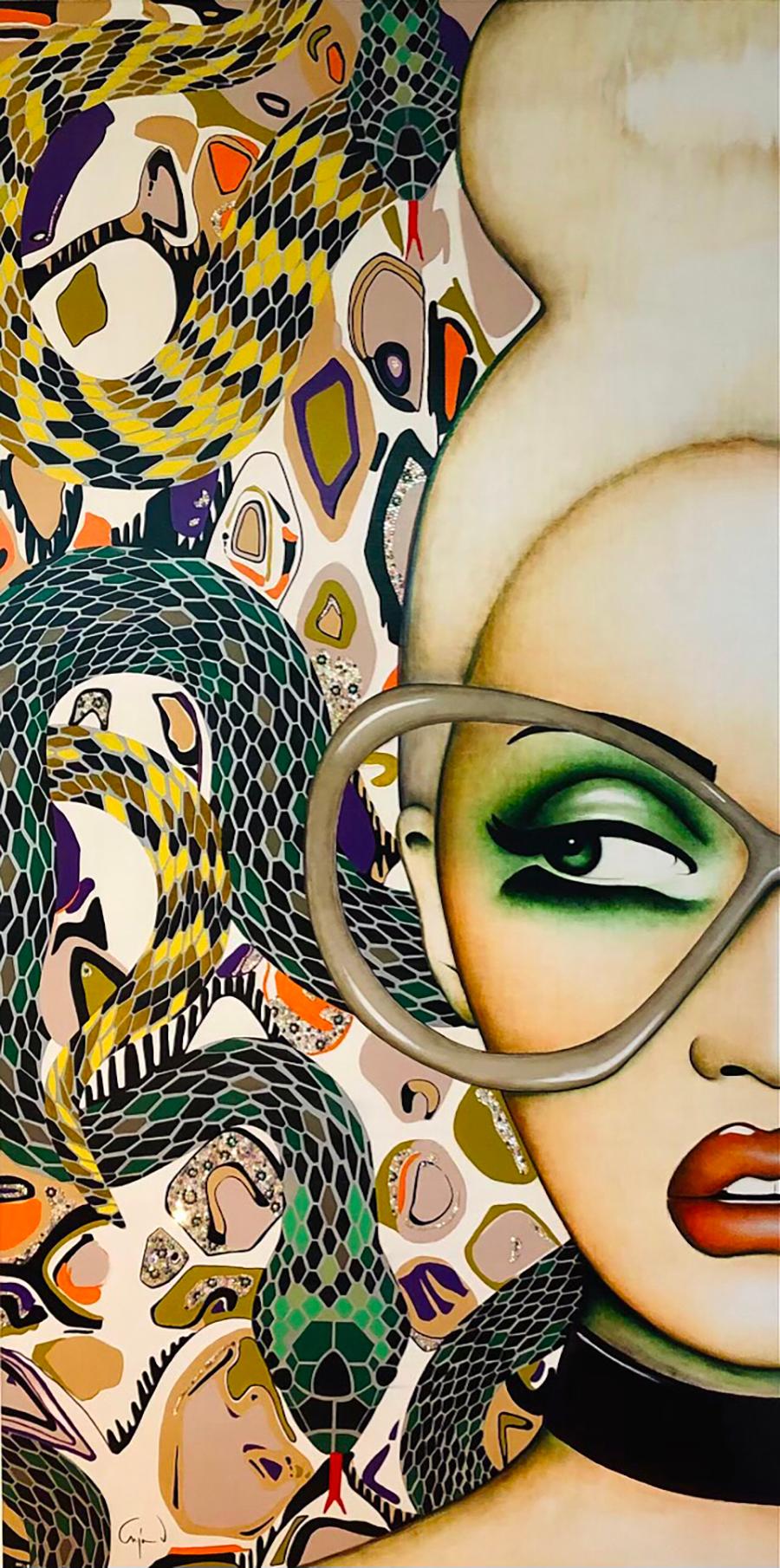 ANJA VAN HERLE
"Mrs. Hisses"
Acrylic & Swarovski Crystal on Wood
72 x 35 inches

Born in Belgium in 1969, Anja Van Herle combines a European sense of high fashion in her artwork with an American sense of wonder. Her childhood years were devoted to