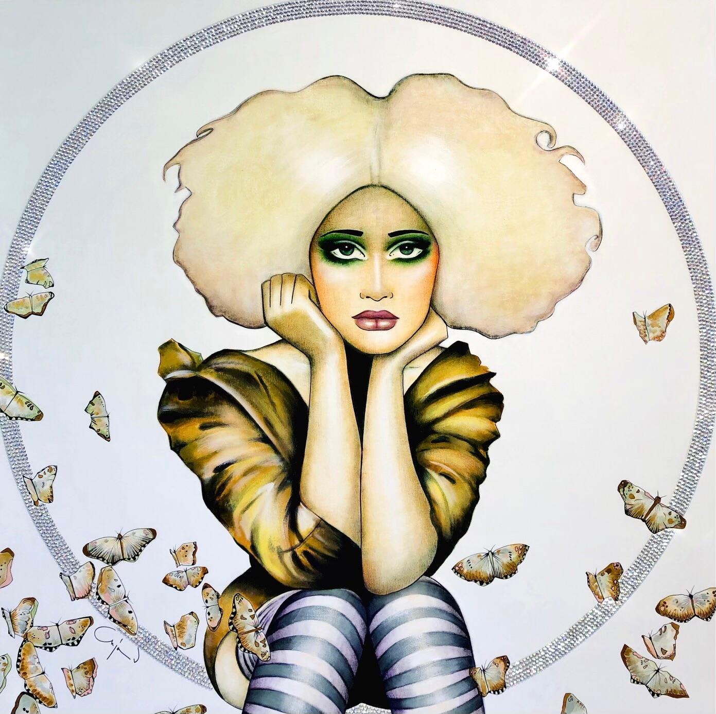 ANJA VAN HERLE
"Fly High Butterfly"
Acrylique et cristal Swarovski sur panneau
36 x 36 pouces

Née en Belgique en 1969, Anja Van Herle associe dans ses œuvres un sens européen de la haute couture à un sens américain de l'émerveillement. Les années