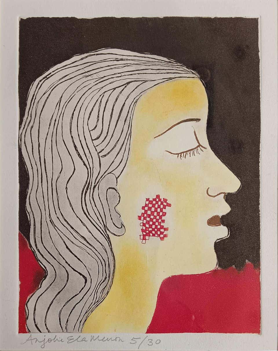 Head, Figurative, Etching on Paper, Black, Yellow, Red by Anjolie Ela Menon