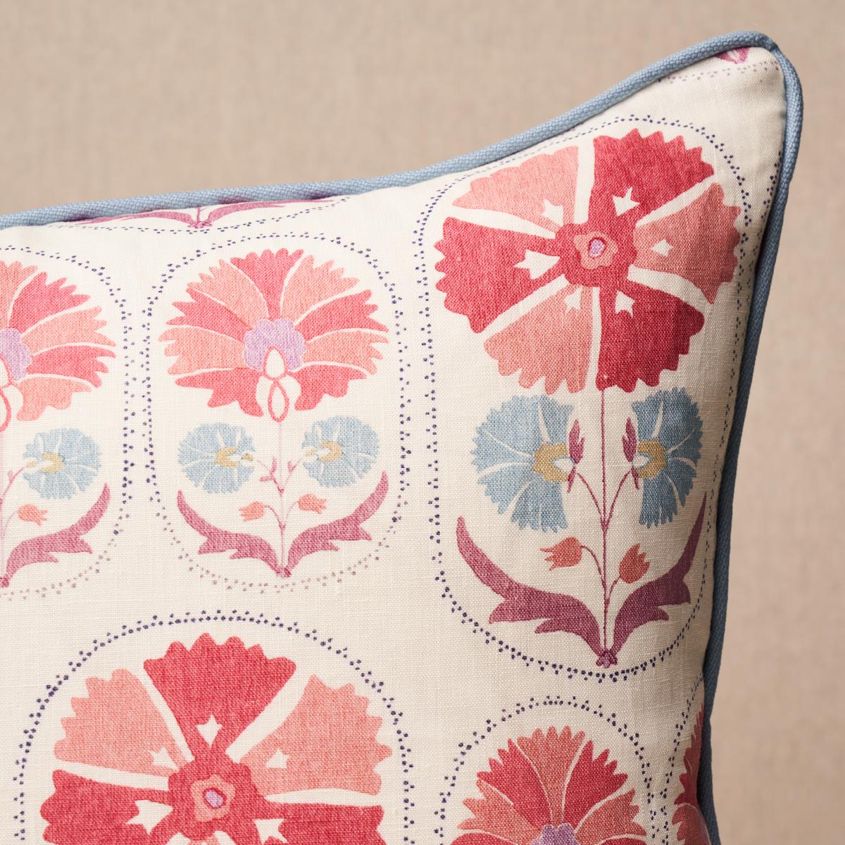 This pillow features Anjuna Floral Linen Print. Inspired by antique Suzani textiles, Anjuna Floral Linen Print in mulberry was created by our in-house design studio. Irregular stylized flowers give this mid-scale pattern the look of a hand-block