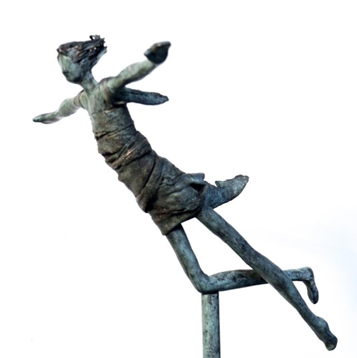 Anke Birnie Figurative Sculpture - Free - unique bronze woman figure sculpture motion flying on pole