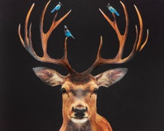 "Blue Birds" Contemporary Deer and Birds Collage Mixed Media on Panel
