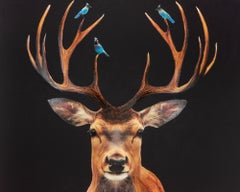 "Blue Birds" Contemporary Deer and Birds Collage Mixed Media on Panel 