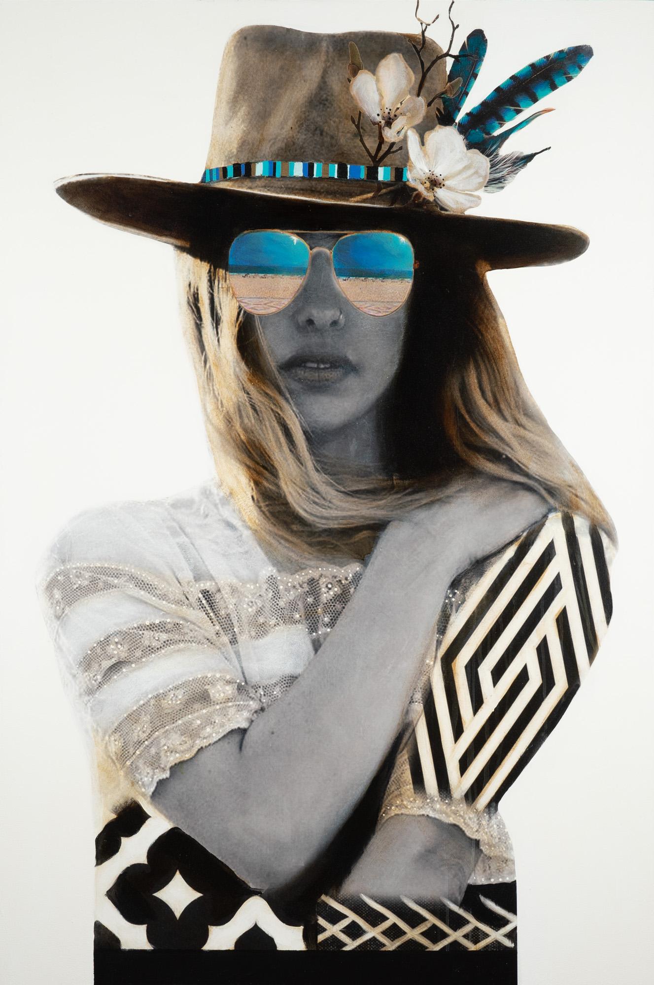 "Boho Chic" Fotocollage contemporaneo di grandi dimensioni in tecnica mista su pannello - Art di Anke Schofield