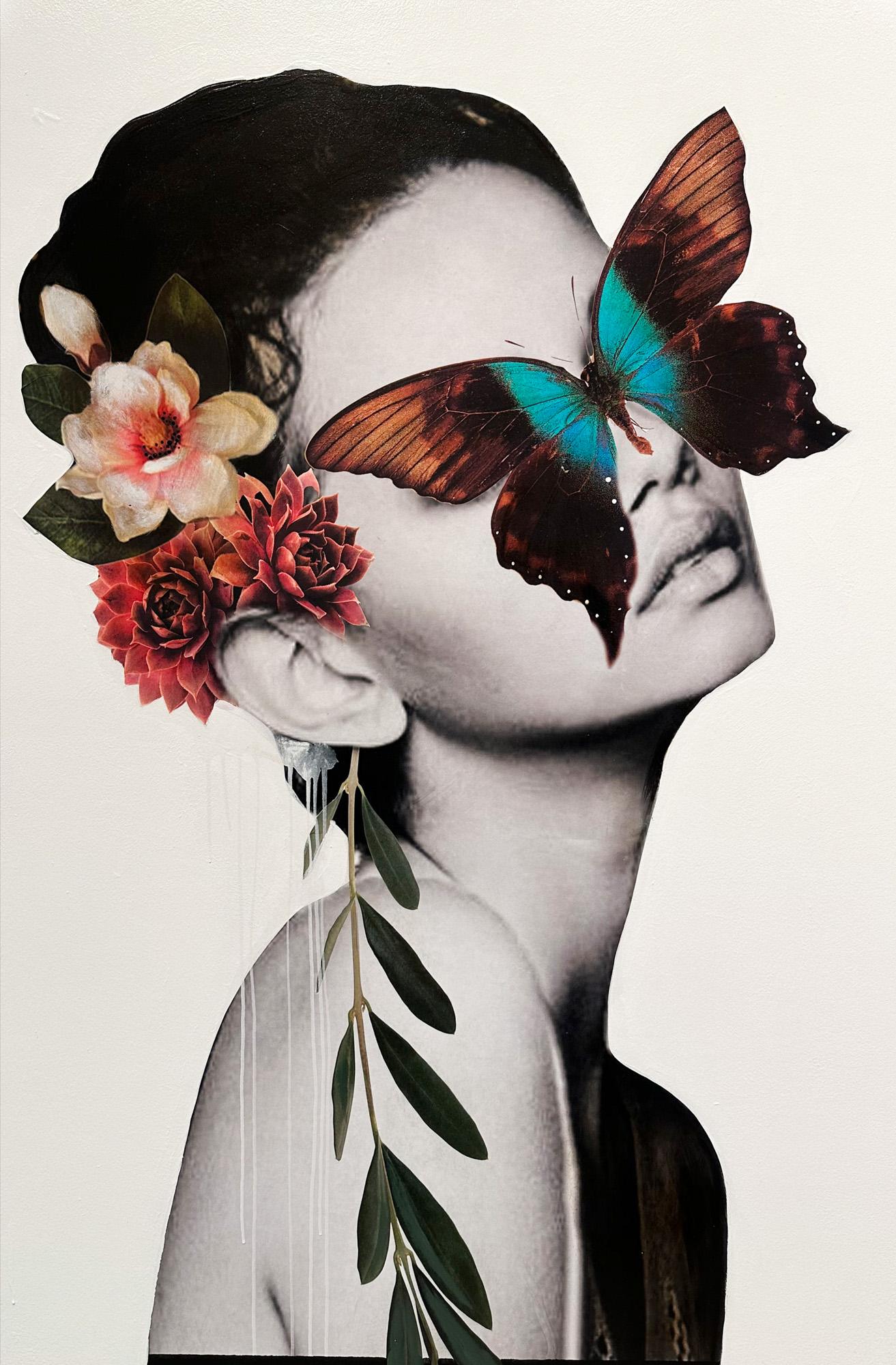 "Botanica I" Zeitgenössisches abstraktes Blumenporträt Gemischte Medien auf Tafel Collage